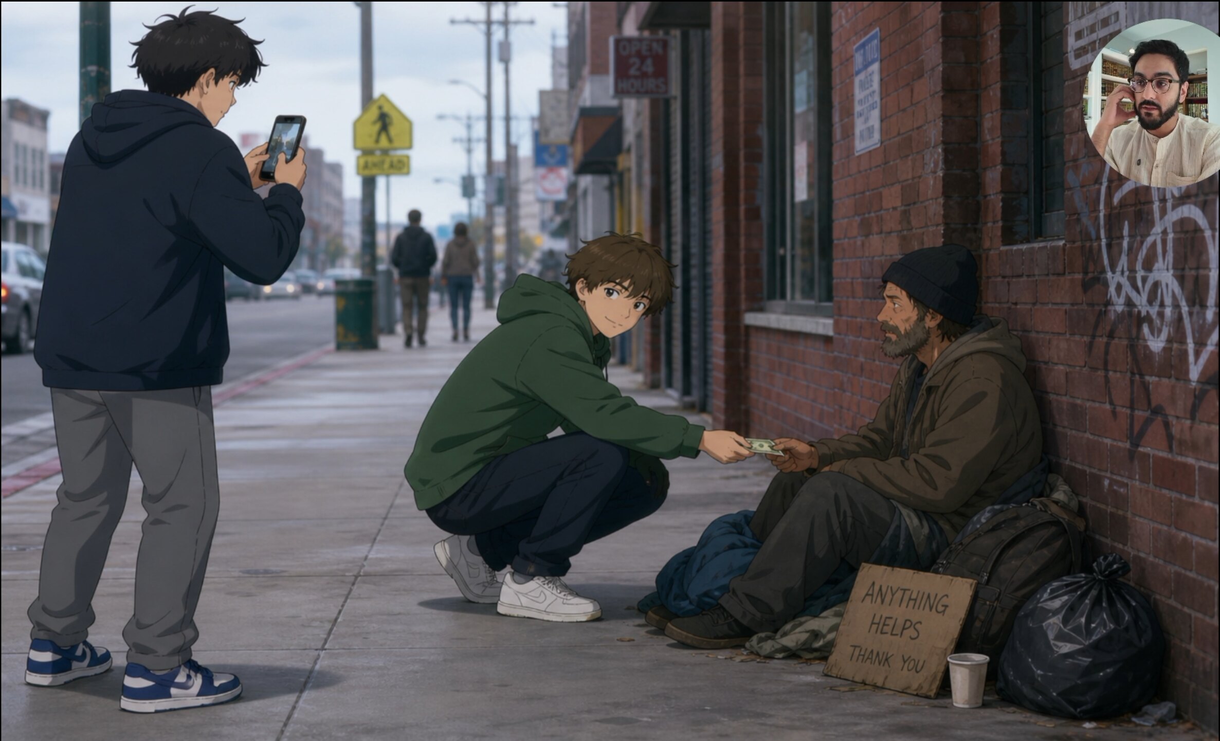 Lesson video: a teen gives charity while a friend films it