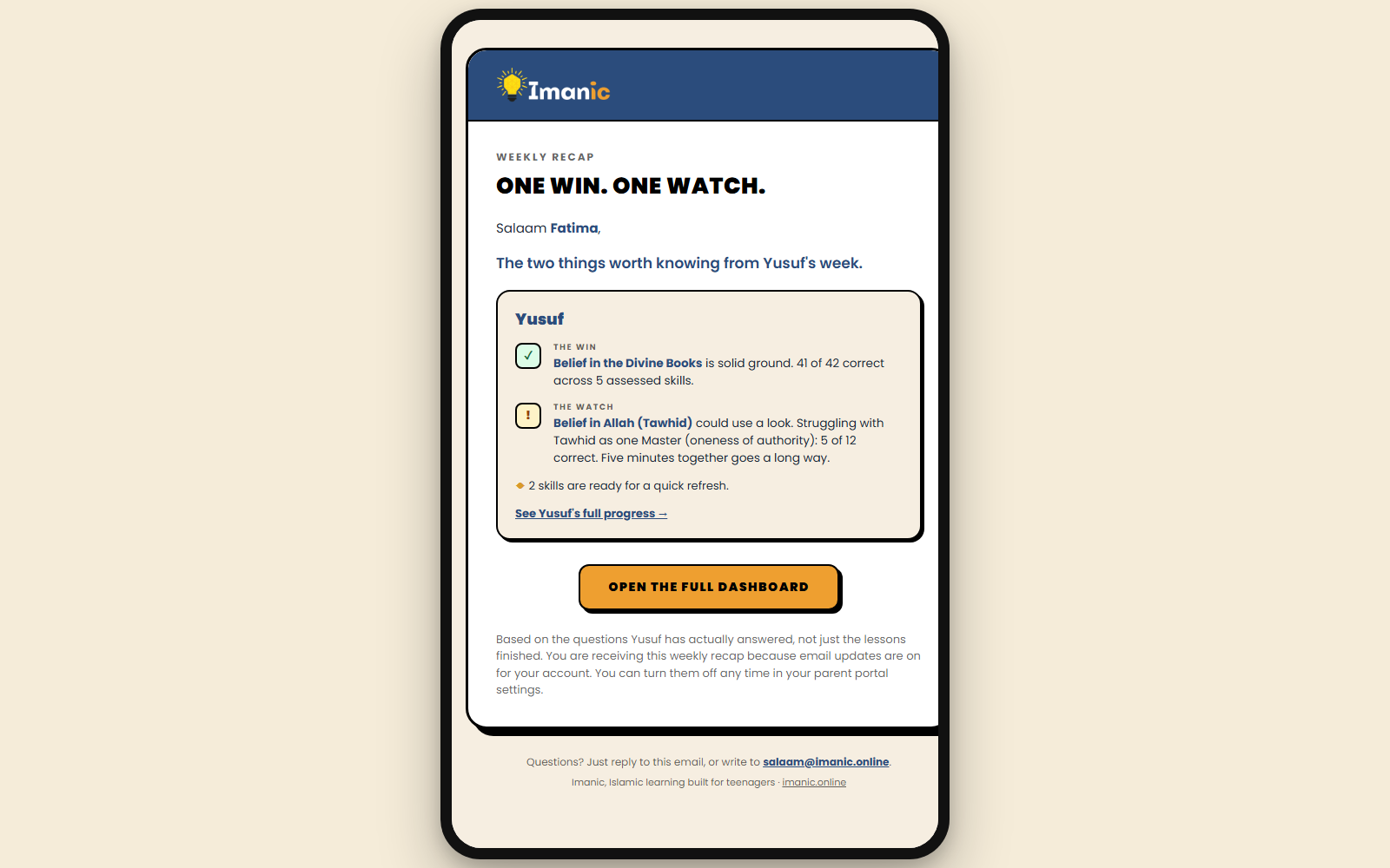 The weekly email: one win and one watch per child, every Sunday