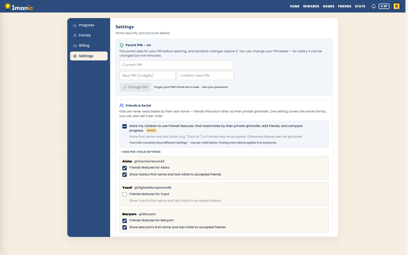 Privacy controls: parent PIN and per-child friends settings