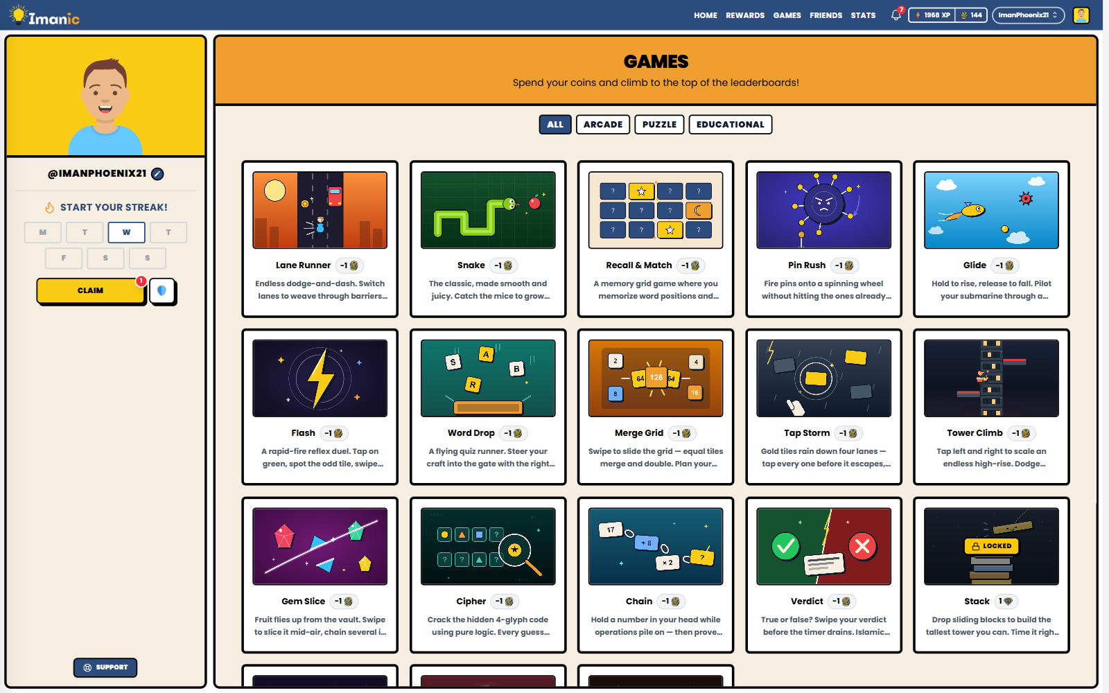 The arcade: games played with coins earned from lessons, with premium titles unlocked using gems