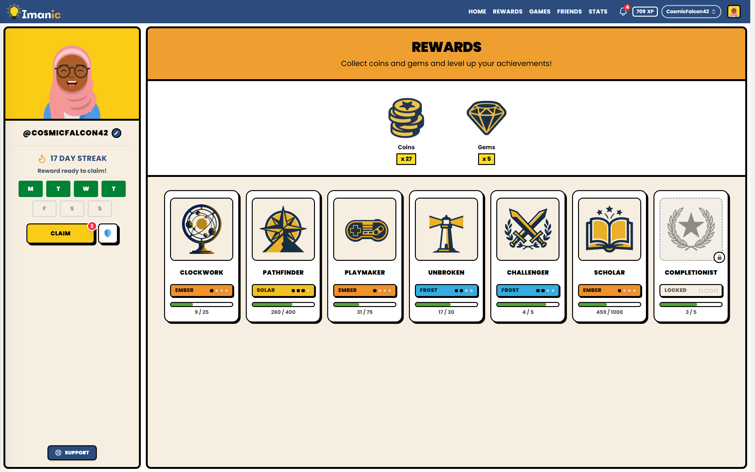 Rewards: collectible gems and evolving achievement badges